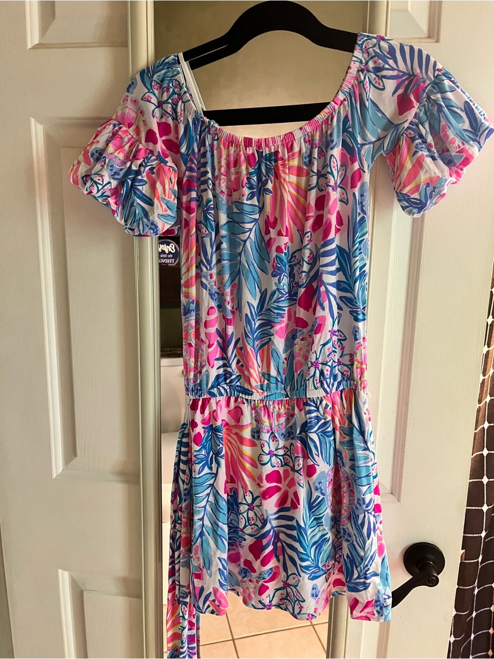 Lilly Pulitzer Tropical Floral Ruffle Romper in Pink & Blue size xxs